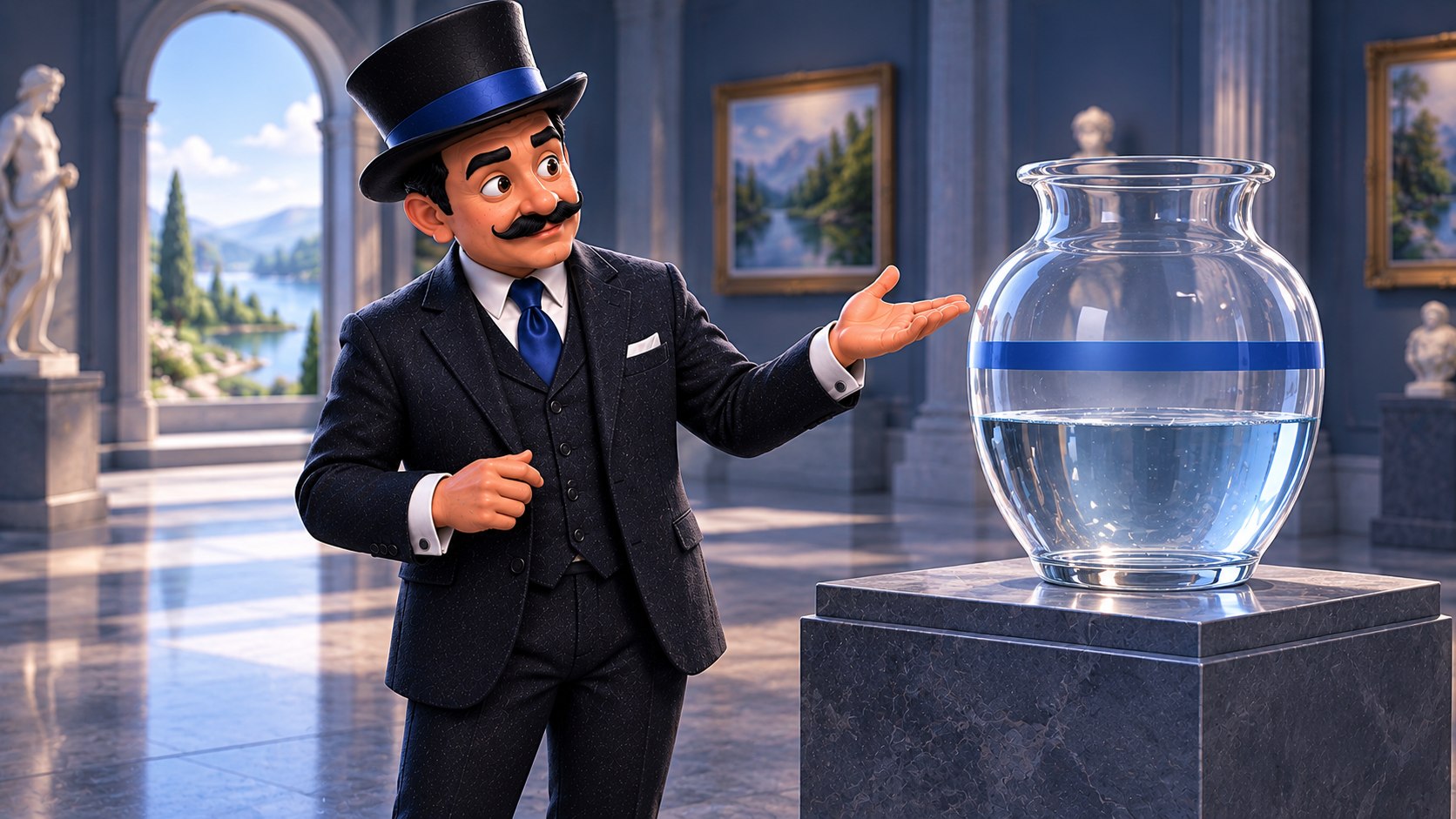 Satoshi señala una banda azul de referencia en un recipiente de agua, con expresión curiosa y ambos ojos abiertos.