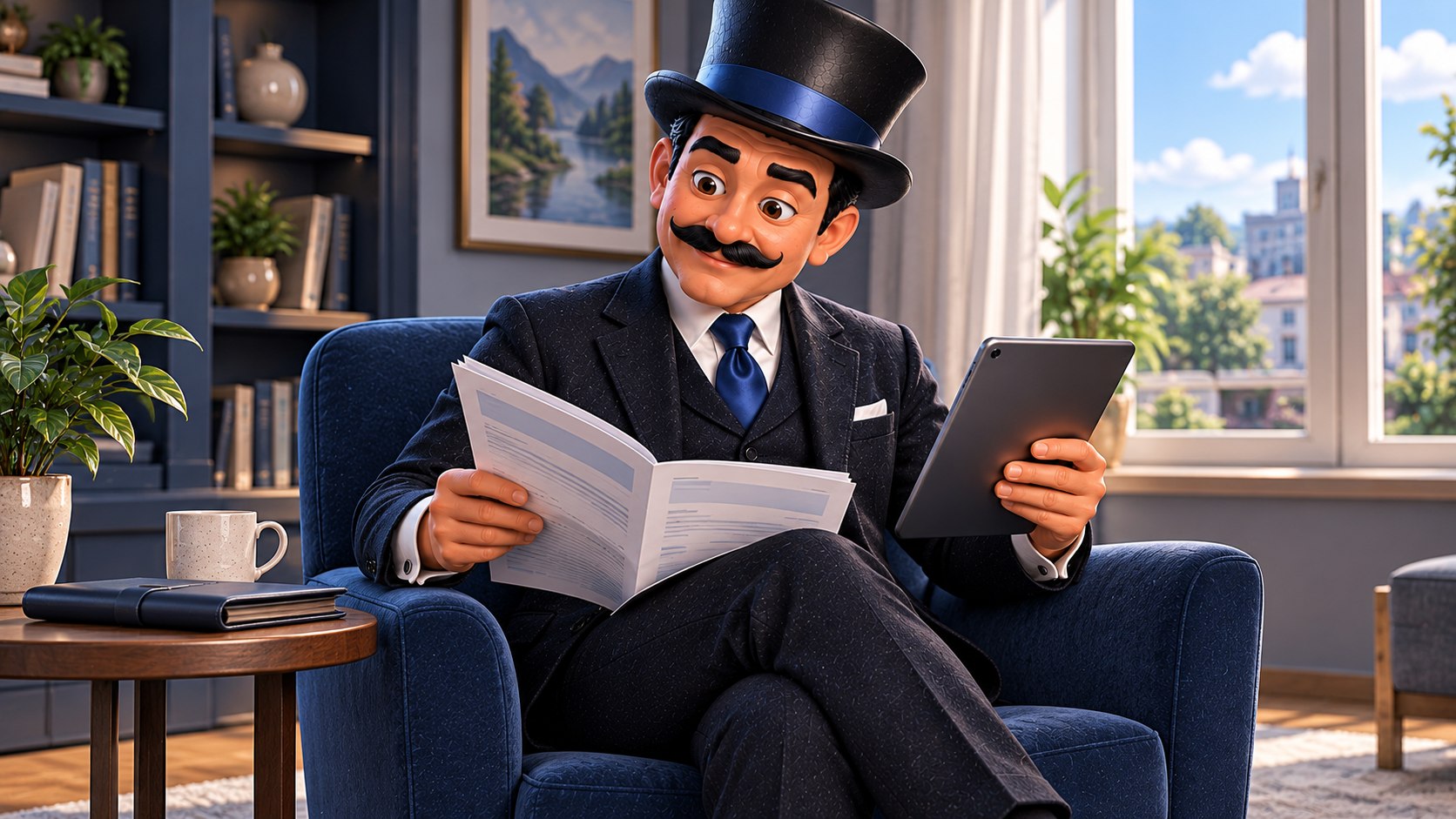 Satoshi compara un extracto en papel con una tableta desde un sillón azul, con una sonrisa serena.