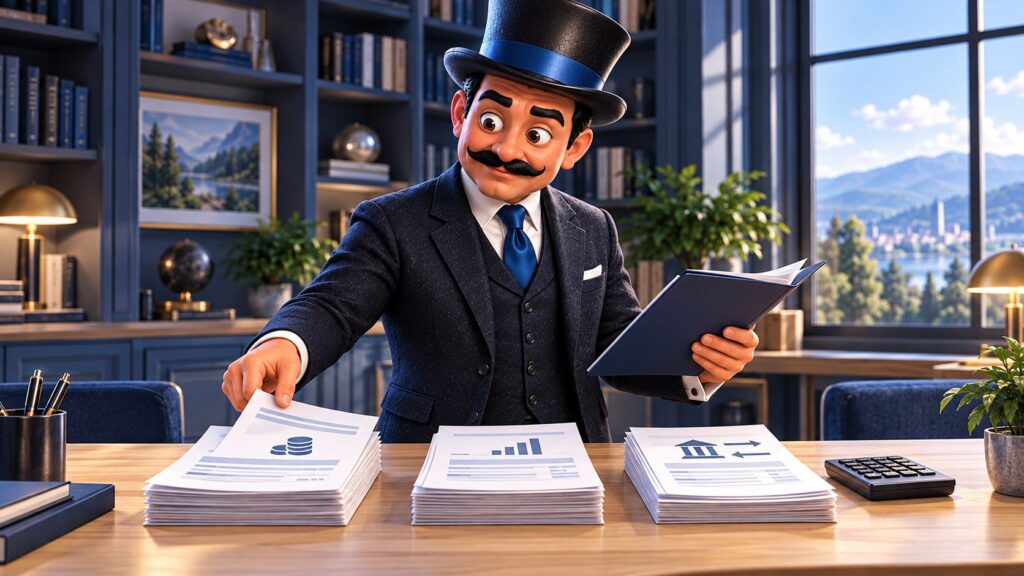 Satoshi separa documentos de inversión en tres grupos sobre una mesa de biblioteca, con expresión analítica.