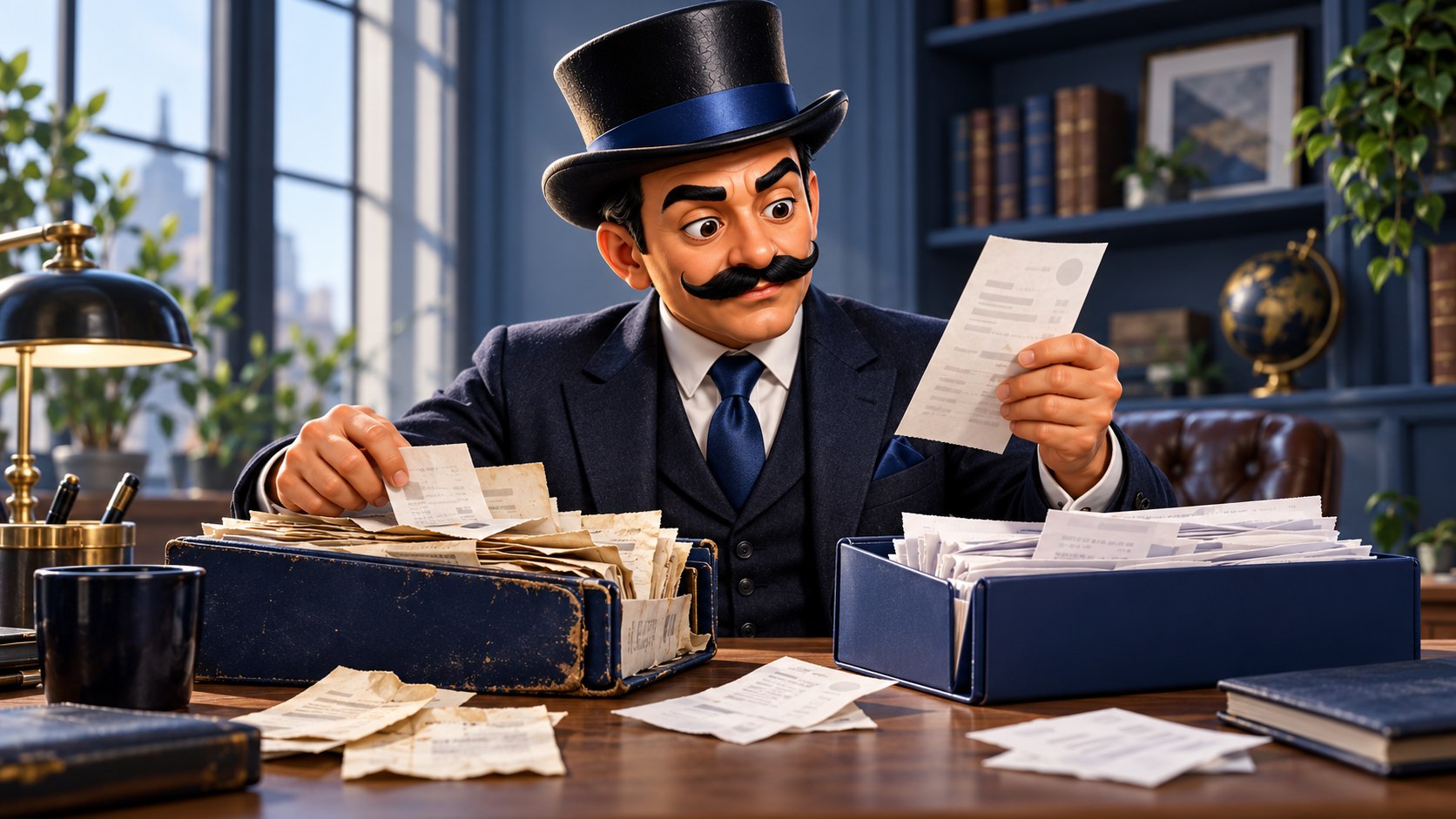 Satoshi ordena dos archivadores azules abiertos y justificantes sobre una mesa, con expresión analítica.