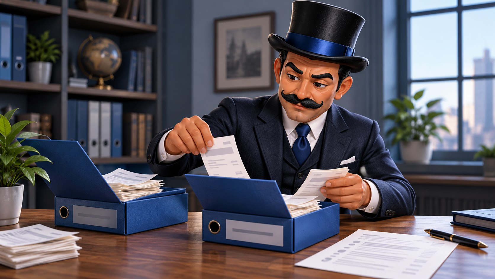 Satoshi pasa justificantes entre dos archivadores azules mientras revisa las hojas, con gesto atento.