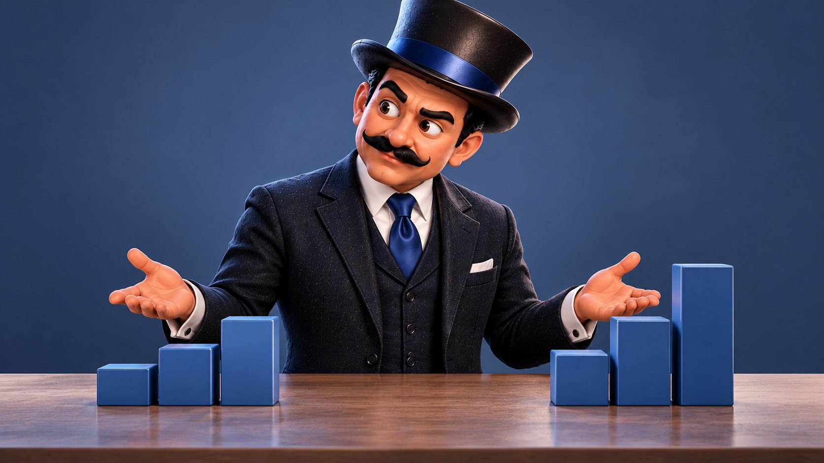 Satoshi compara dos grupos de bloques azules sobre una mesa, con gesto crítico y ambas manos abiertas.