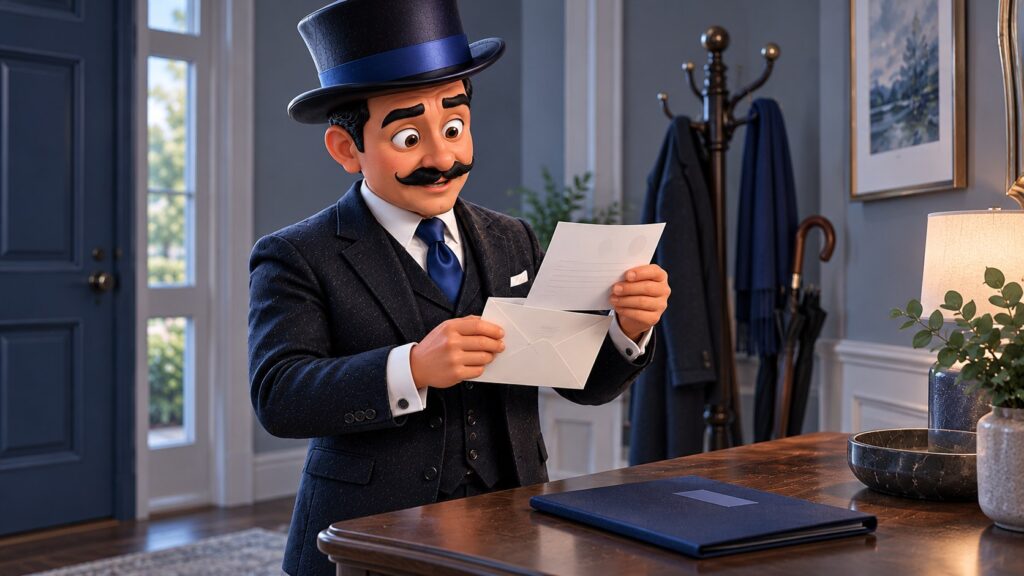 Satoshi abre una carta junto a una carpeta azul en una mesa de entrada, con expresión de sorpresa moderada.