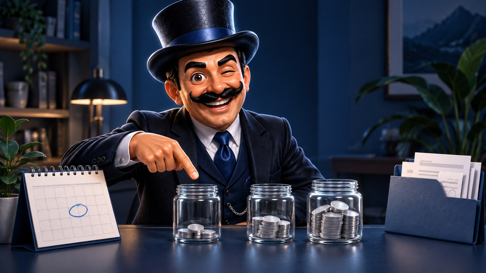 Satoshi señala el primer hito de ahorro junto a tres tarros con cantidades crecientes de monedas plateadas.
