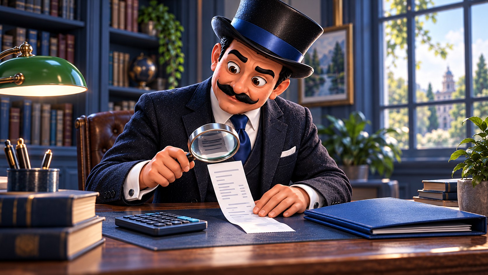 Satoshi examina un justificante con una lupa, junto a una carpeta azul y una calculadora.