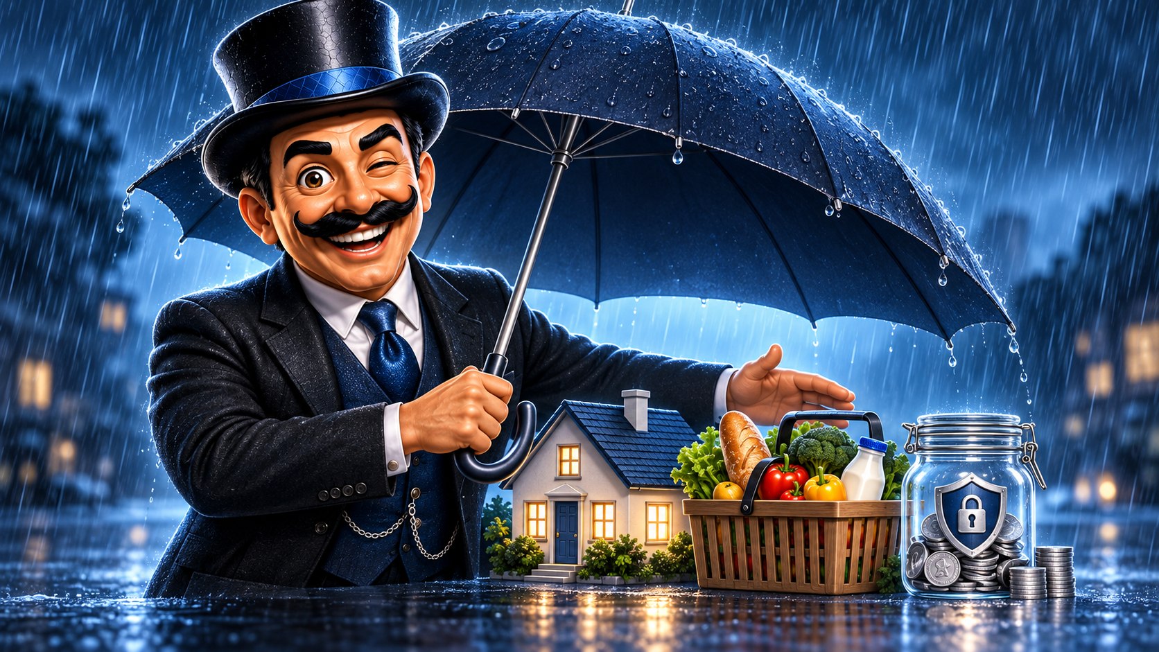 Satoshi protege con un paraguas azul una casa, una cesta de alimentos y un tarro de ahorro para emergencias.