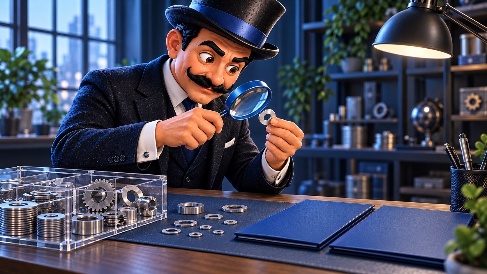 Satoshi, concentrado y con ambos ojos abiertos, examina pequeñas piezas con una lupa junto a dos carpetas azules.