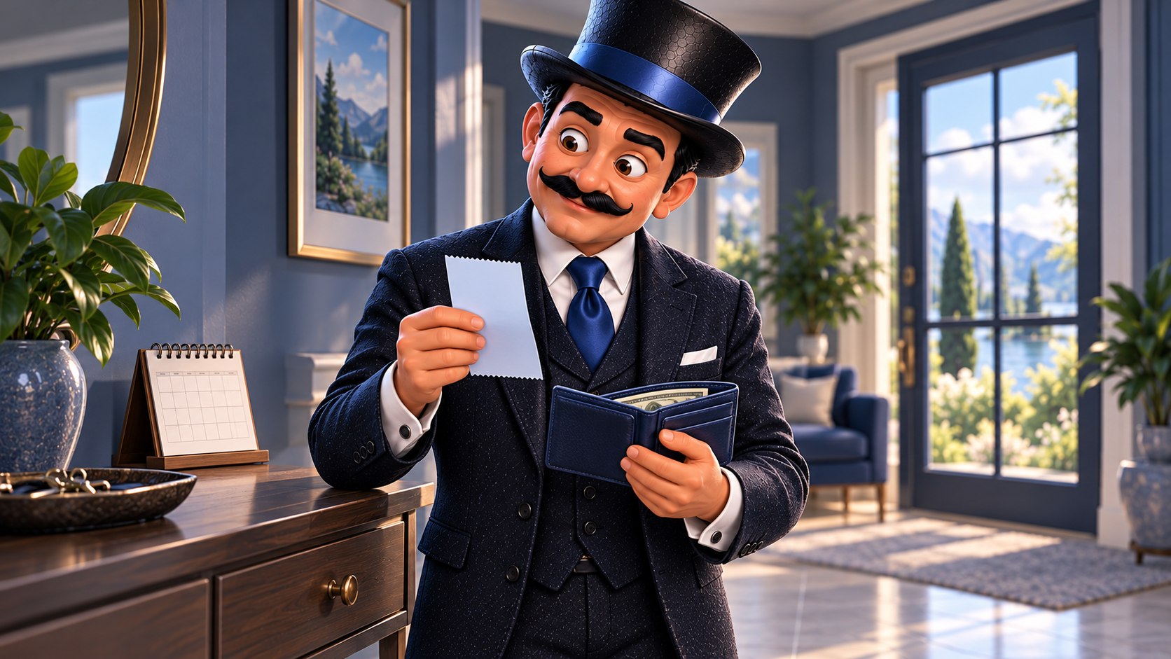 Satoshi comprueba una cartera azul y un justificante junto a un calendario, con expresión tranquila y una leve sonrisa.