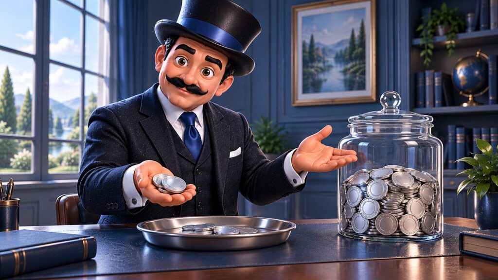 Satoshi muestra unas monedas plateadas junto a una bandeja y un recipiente de cristal, con sonrisa suave y gesto explicativo.