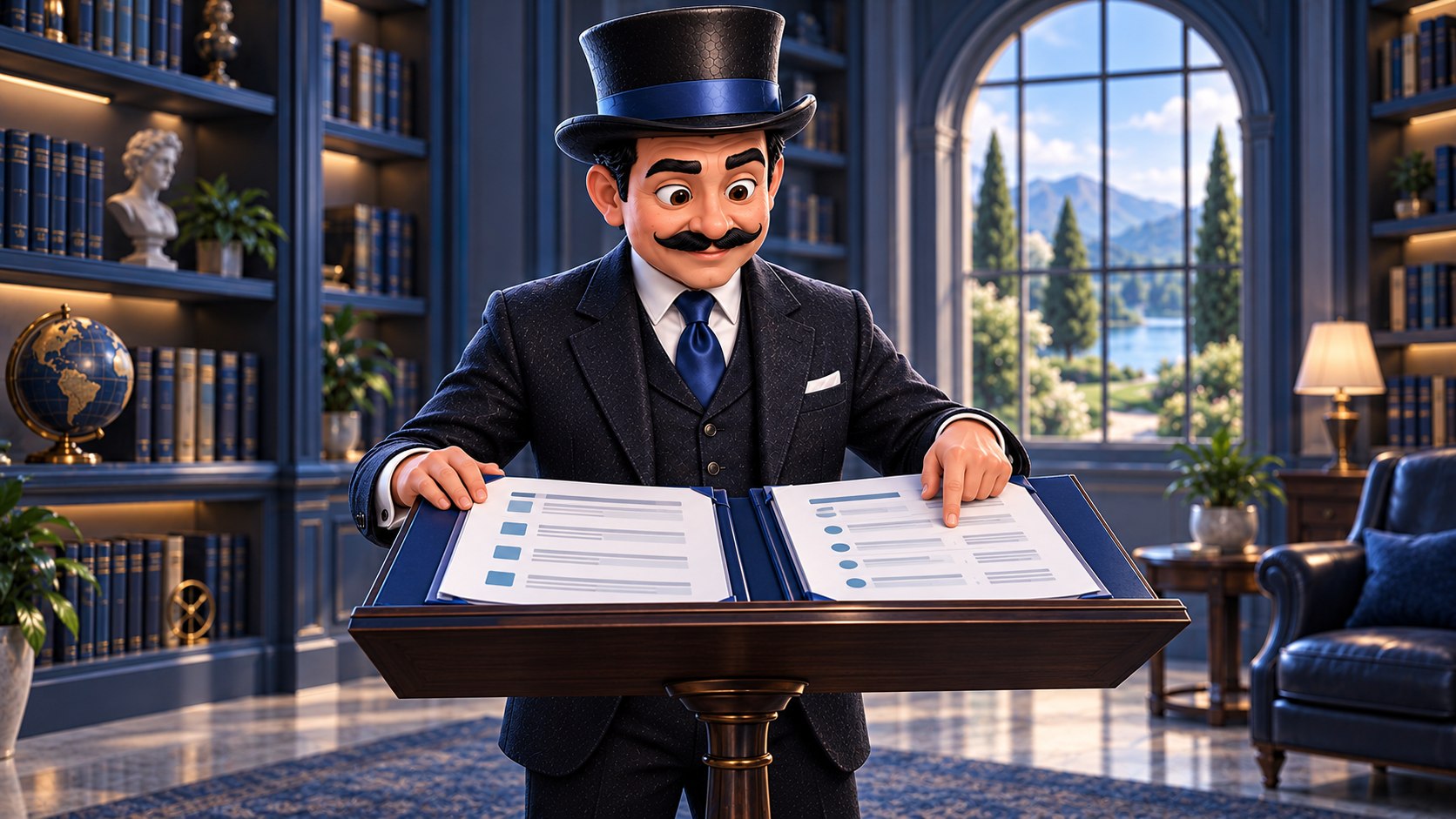 Satoshi compara dos carpetas azules abiertas en un atril de biblioteca y señala una fila con satisfacción discreta.