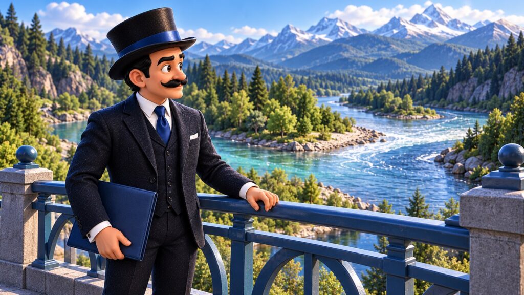 Satoshi observa desde un puente dos arroyos que confluyen en un río, con una carpeta azul a su lado.