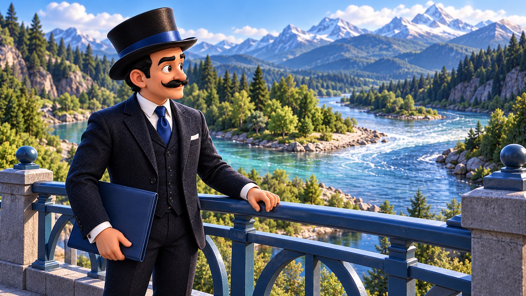 Satoshi observa desde un puente dos arroyos que confluyen en un río, con una carpeta azul a su lado.
