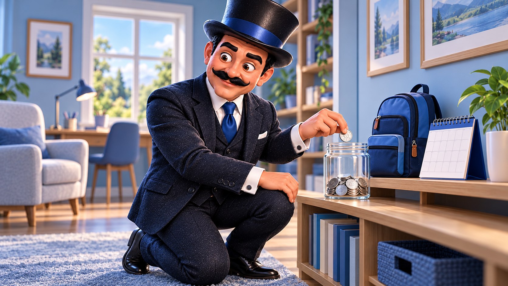 Satoshi coloca una moneda en un bote de ahorro junto a una mochila azul, con una sonrisa serena.