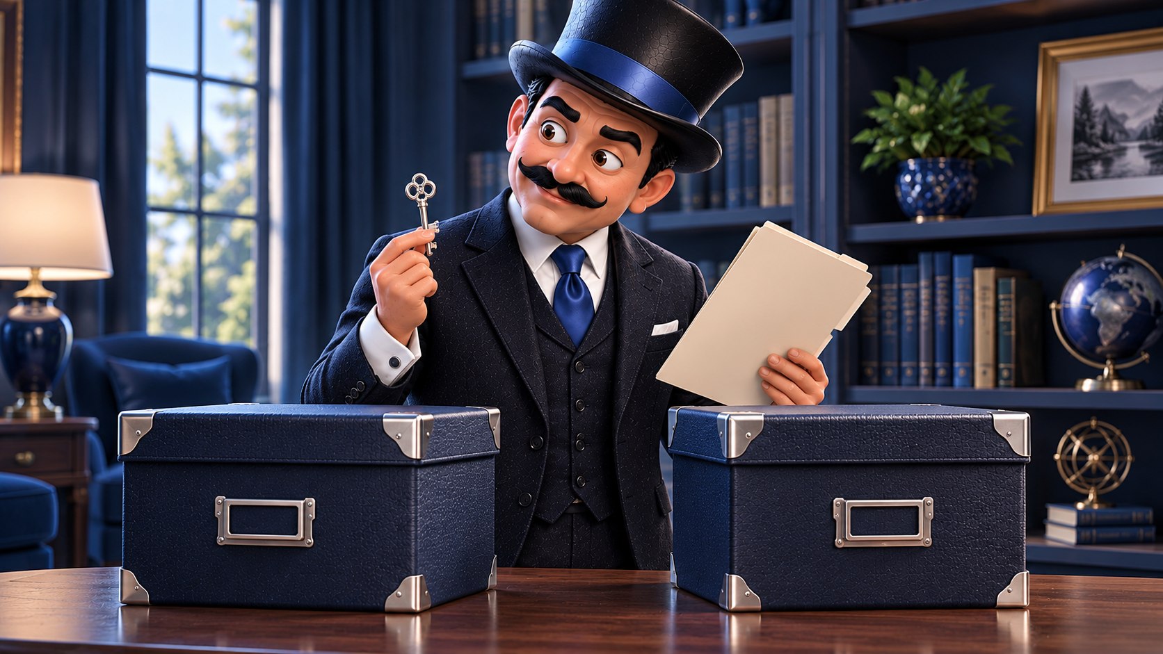 Satoshi sostiene una llave y una carpeta ante dos cajas de archivo separadas, con expresión reflexiva.