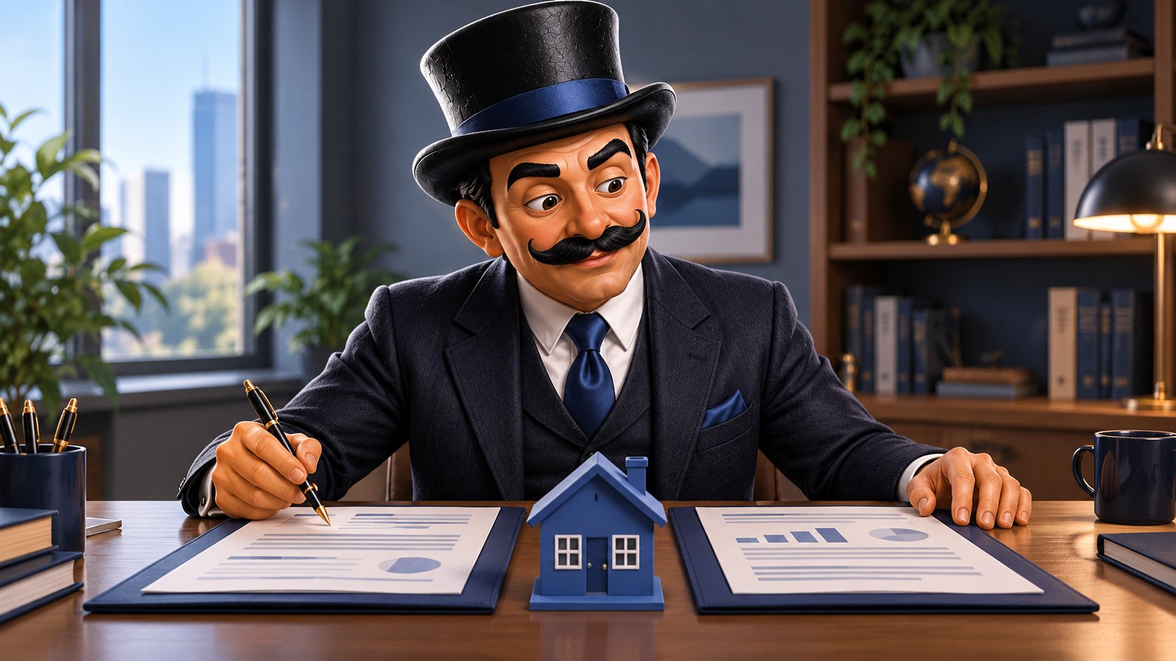Satoshi observa dos carpetas abiertas junto a una maqueta de vivienda, con expresión reflexiva.