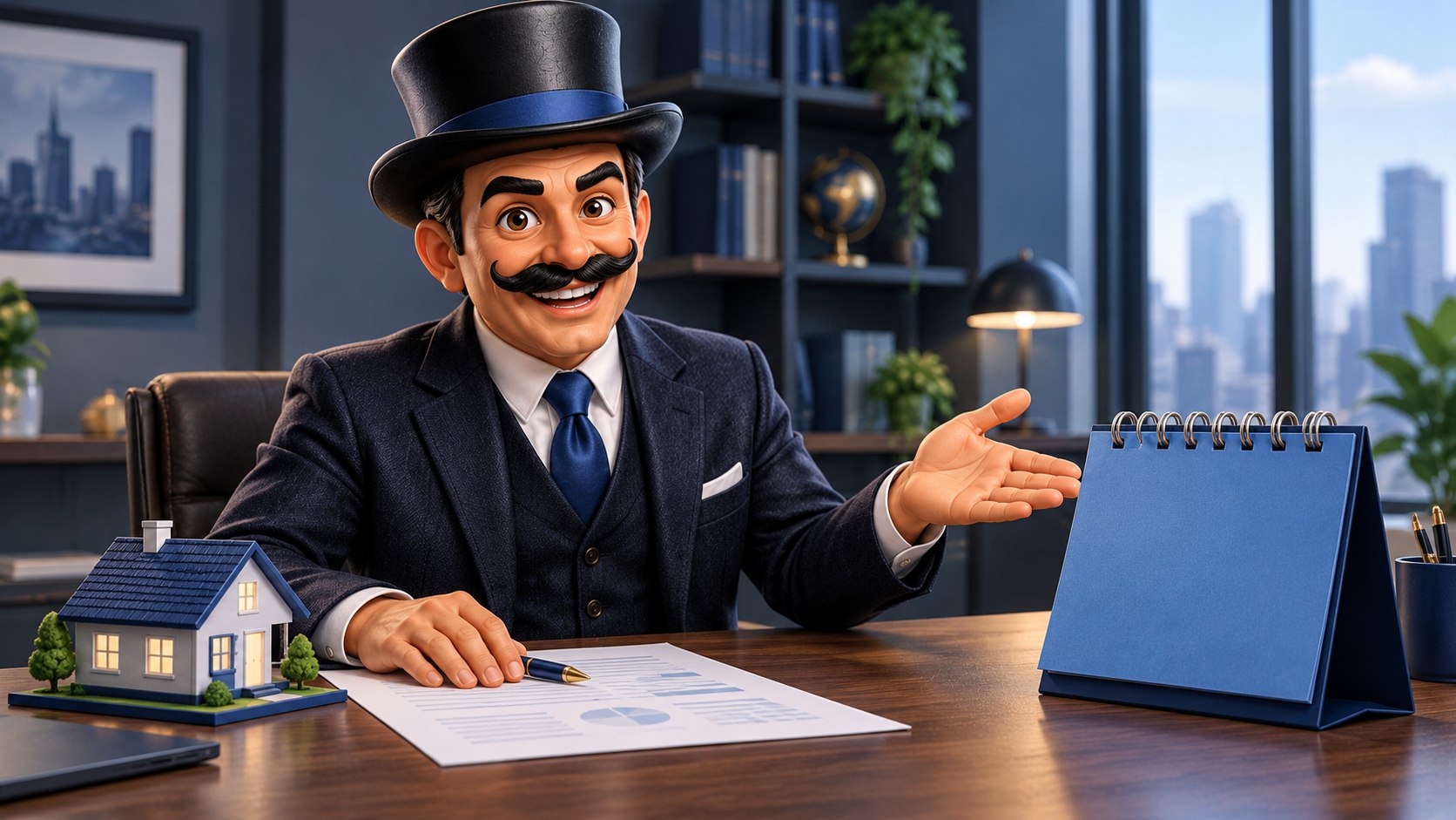 Satoshi presenta un calendario de mesa junto a un documento y una maqueta de vivienda, con expresión explicativa.