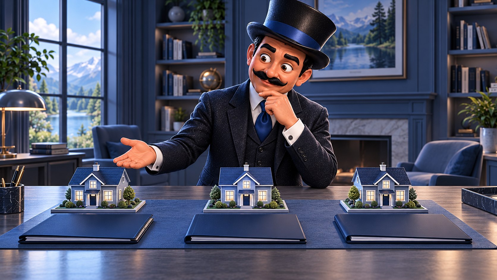 Satoshi compara tres casas azules iguales junto a carpetas distintas, con expresión reflexiva y una mano abierta.