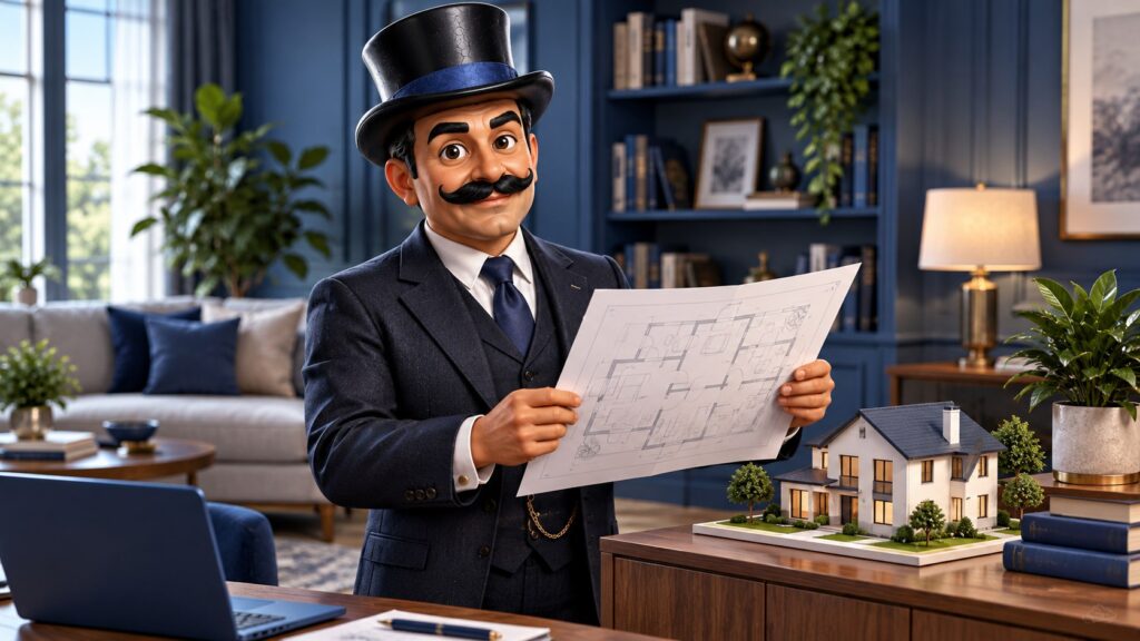 Satoshi sostiene un plano junto a una maqueta de vivienda en un salón, con expresión serena.