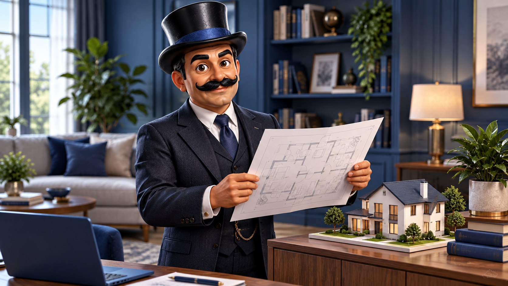 Satoshi sostiene un plano junto a una maqueta de vivienda en un salón, con expresión serena.