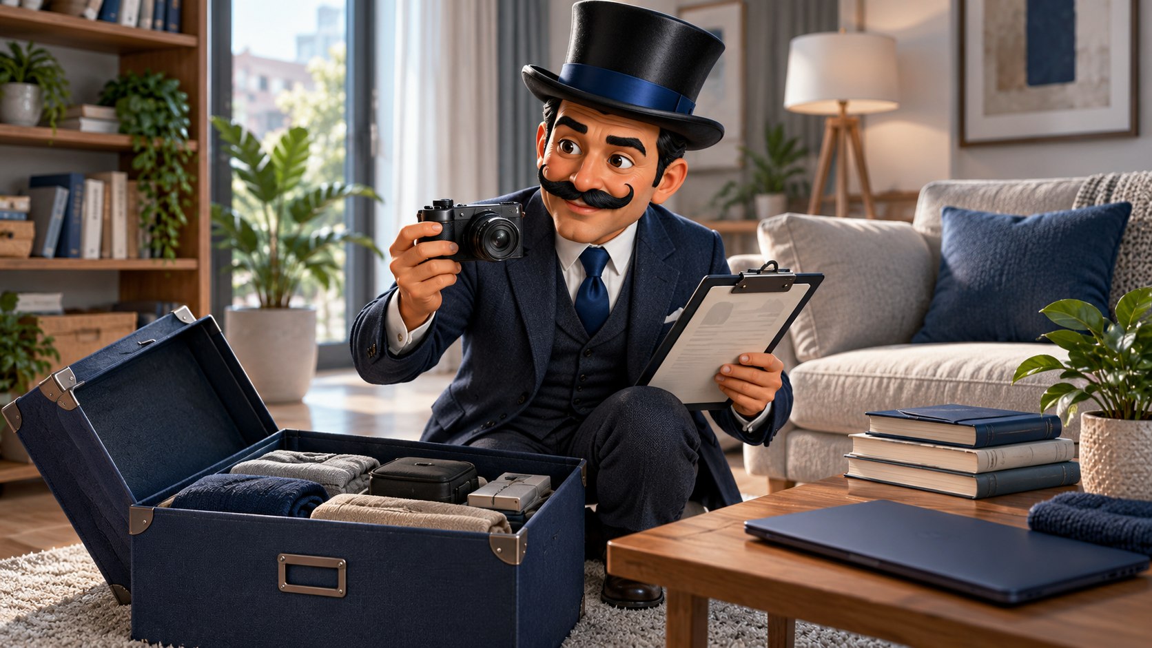 Satoshi revisa documentos junto a una caja azul abierta y objetos domésticos, con expresión atenta.