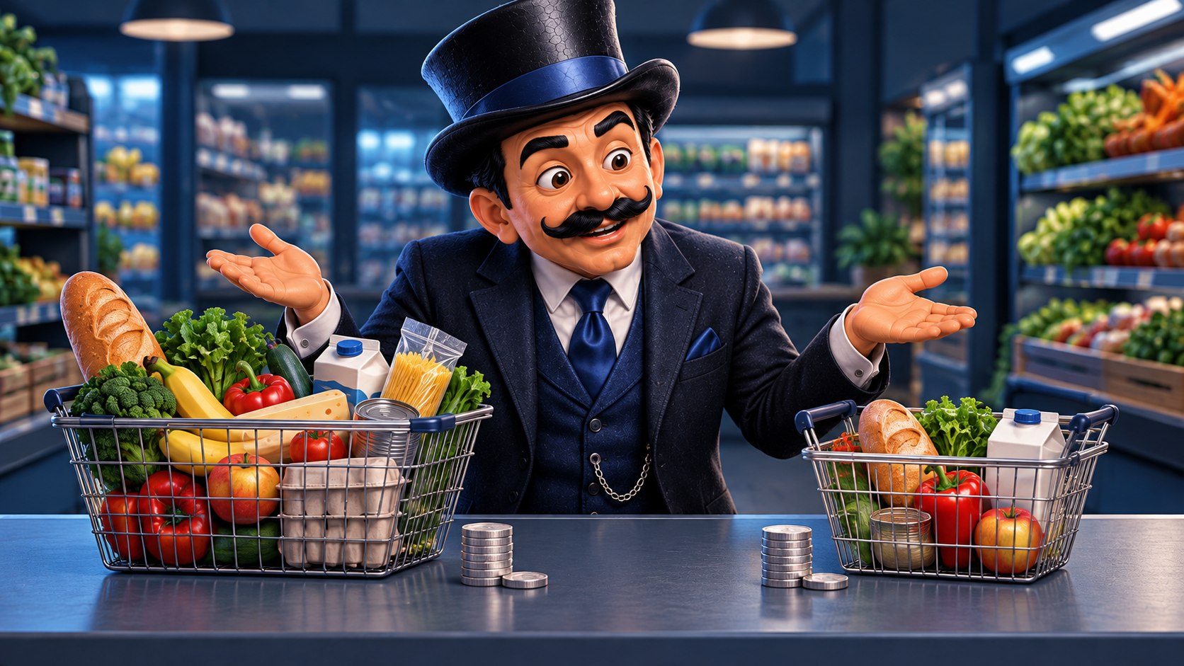 Satoshi, con ambos ojos abiertos y ligera sorpresa, compara dos cestas de compra de distinto contenido junto a cantidades similares de monedas.