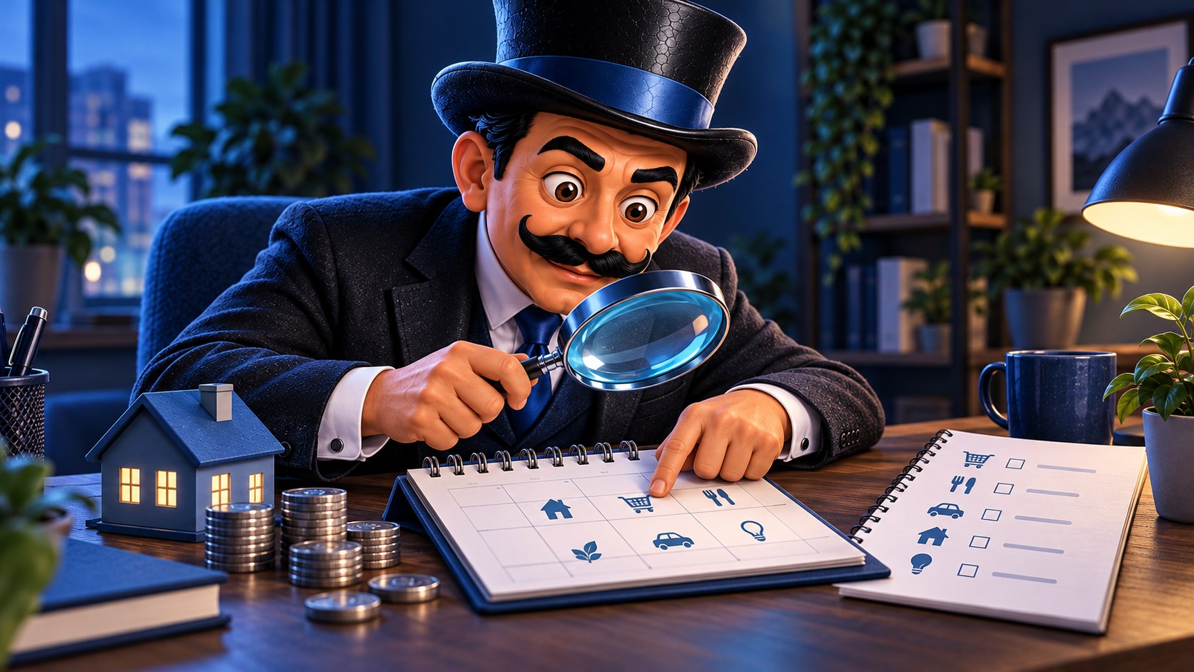 Satoshi, con ambos ojos abiertos y expresión atenta, revisa un calendario y gastos del hogar con una lupa azul.