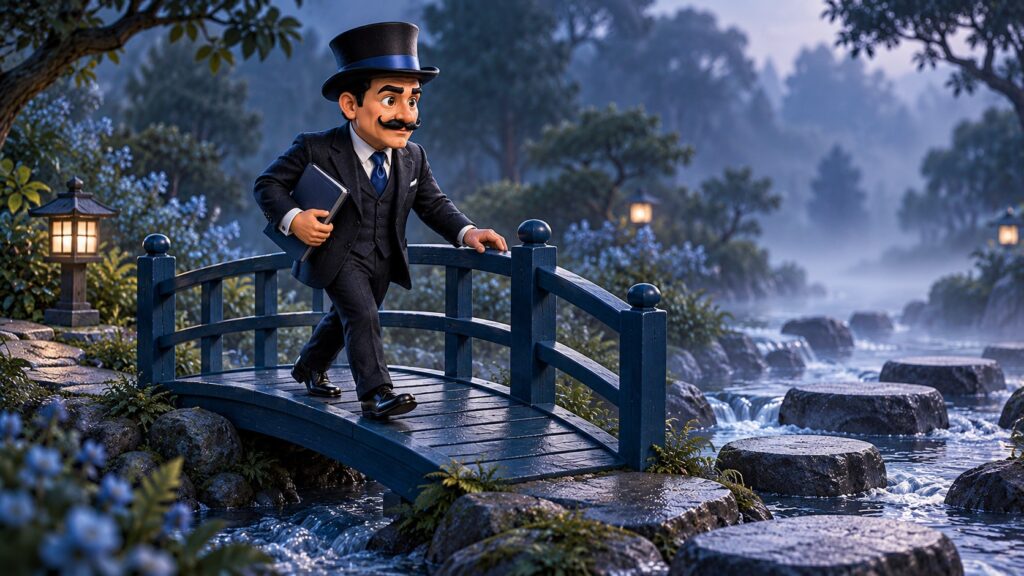 Satoshi, serio y con ambos ojos abiertos, camina por un puente azul sobre un arroyo llevando un cuaderno cerrado.