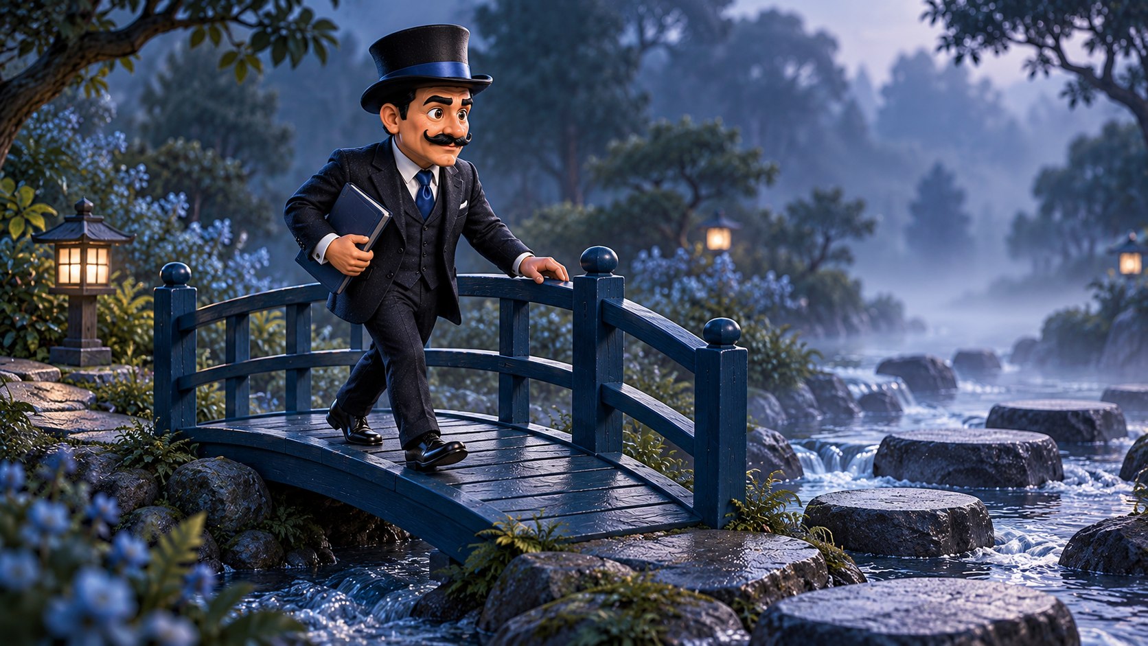 Satoshi, serio y con ambos ojos abiertos, camina por un puente azul sobre un arroyo llevando un cuaderno cerrado.