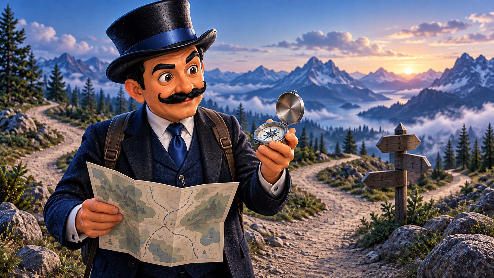 Satoshi, con ambos ojos abiertos y expresión curiosa, consulta una brújula y un mapa antes de elegir un sendero.