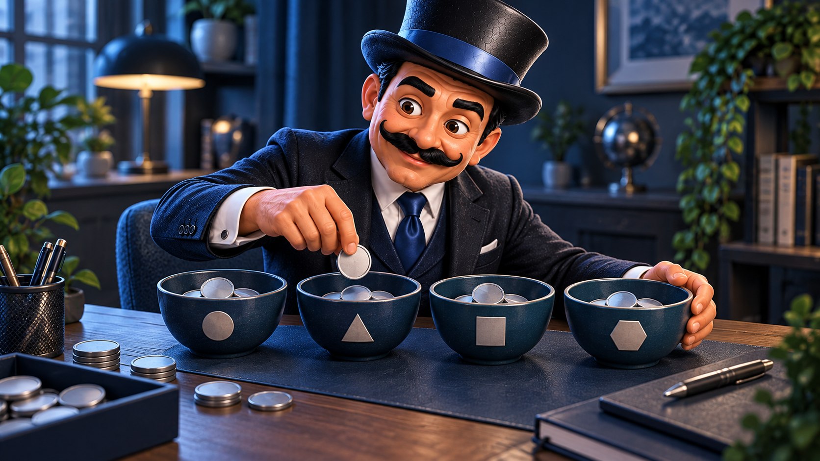 Satoshi, con ambos ojos abiertos y una expresión tranquila, reparte monedas entre cuatro recipientes distintos.
