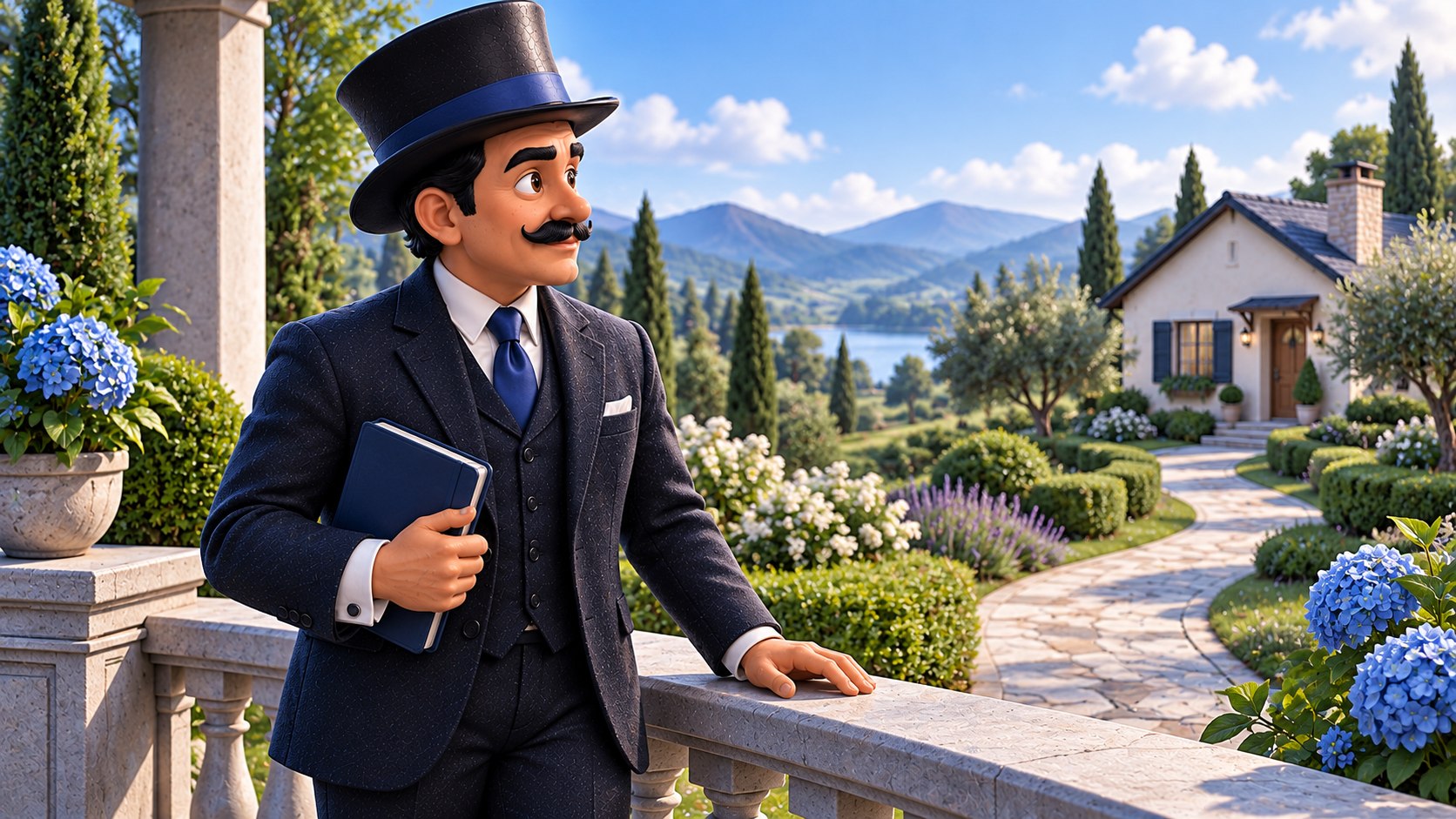 Satoshi observa un camino hacia una casa desde una terraza, con expresión serena y reflexiva.