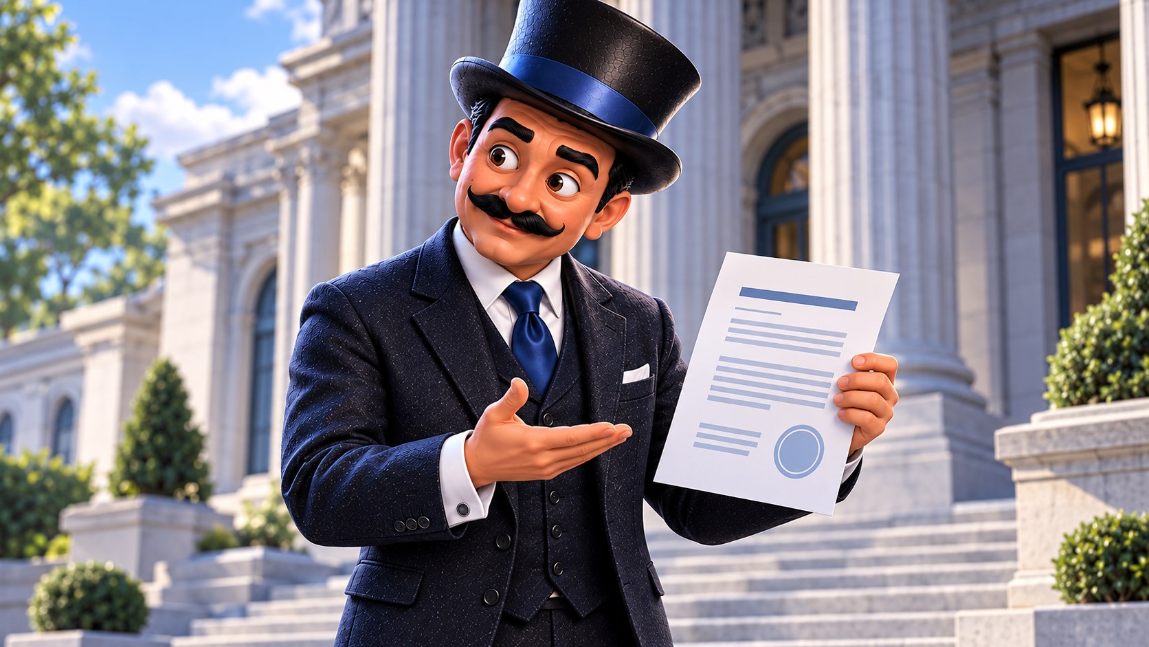 Satoshi examina un documento con marcas abstractas delante de un edificio institucional de piedra, con expresión curiosa y atenta.
