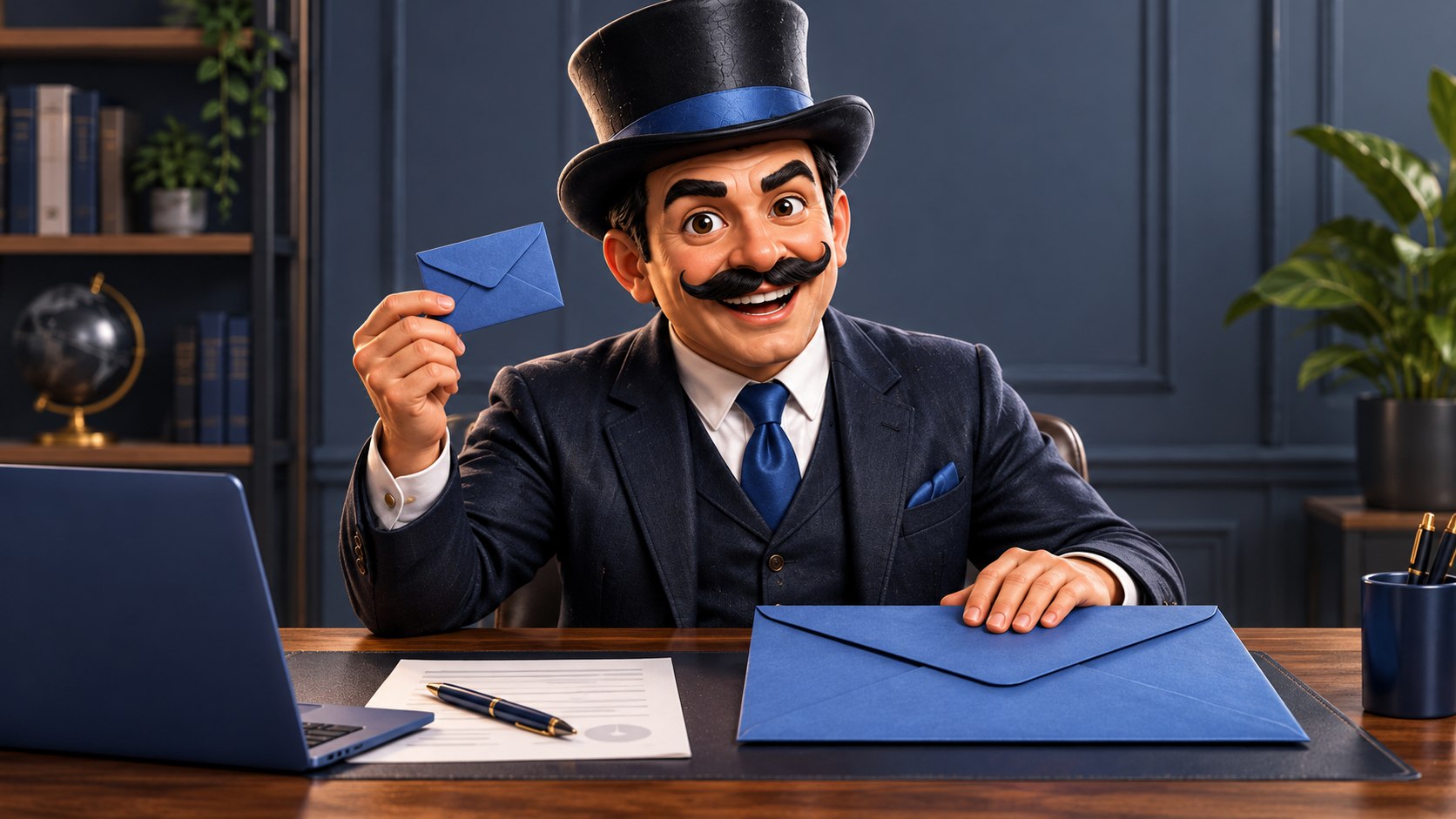 Satoshi muestra dos sobres azules de distinto tamaño sobre una mesa, con expresión explicativa.