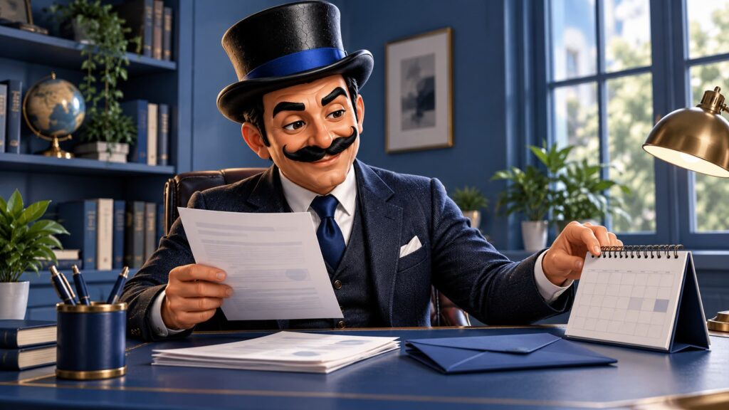 Satoshi compara un resguardo y un calendario en su escritorio, con expresión reflexiva.
