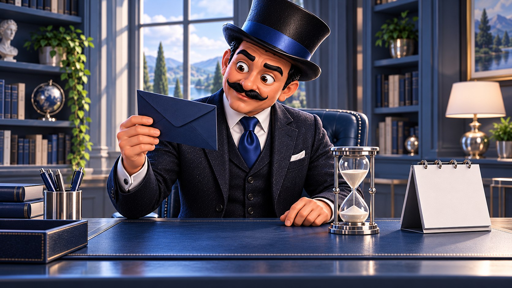 Satoshi observa un sobre azul junto a un reloj de arena y un calendario, con expresión curiosa y concentrada.