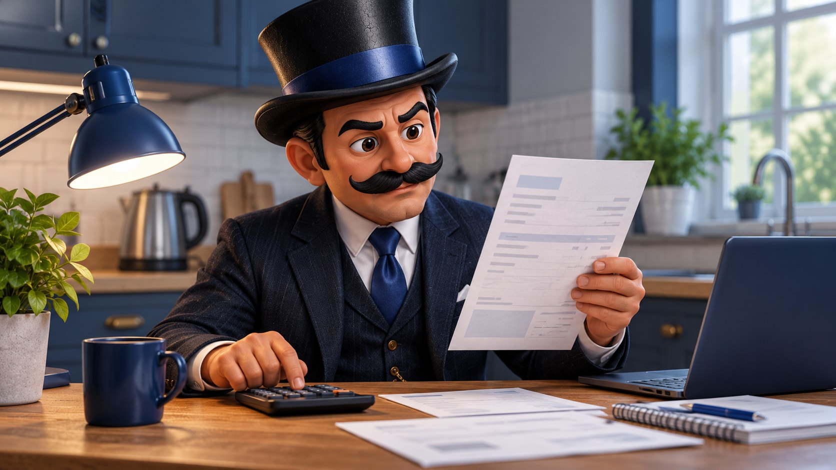 Satoshi examina una factura junto a una calculadora y una lámpara azul, con expresión concentrada.