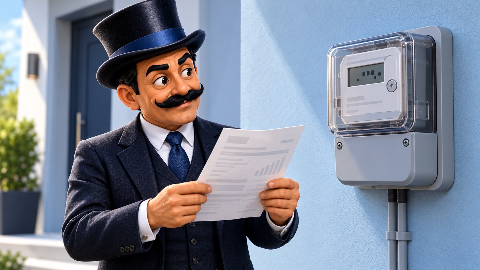 Satoshi compara una factura con un contador eléctrico cerrado en una pared, con expresión de curiosidad.