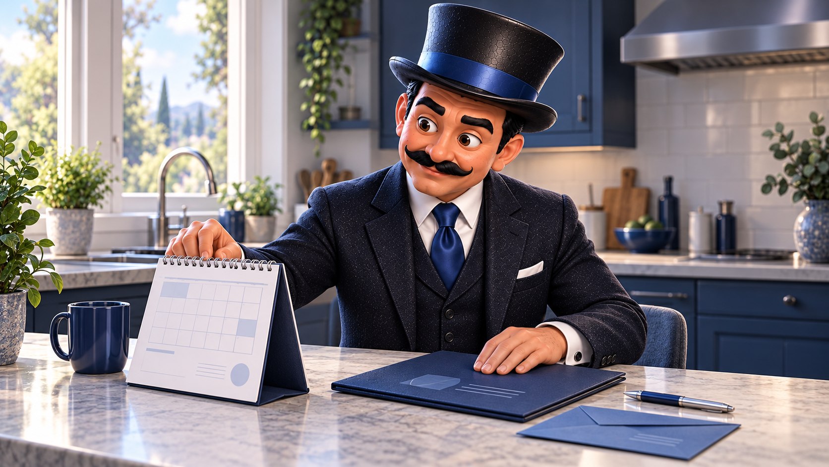 Satoshi observa un calendario de mesa junto a una carpeta azul y un sobre, con expresión de concentración tranquila.