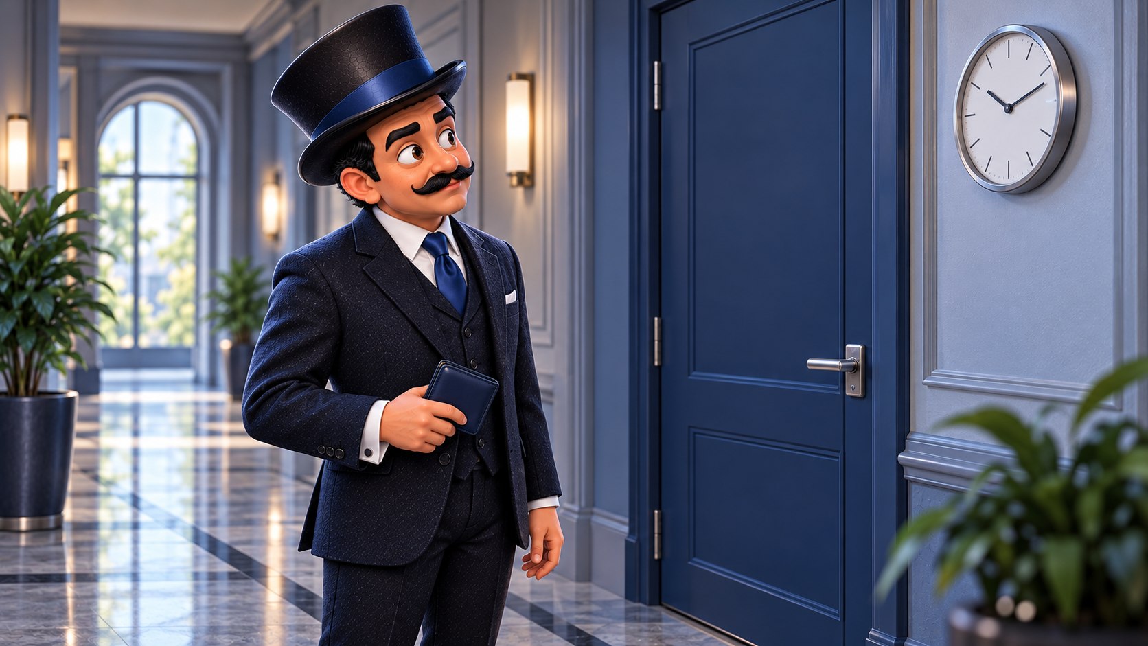 Satoshi espera junto a una puerta azul cerrada, con una cartera en la mano y la mirada dirigida a un reloj.