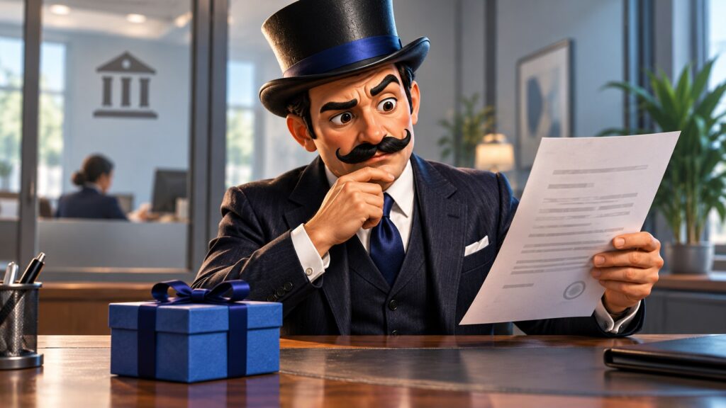 Satoshi observa una caja azul cerrada y un contrato, con expresión de duda prudente.