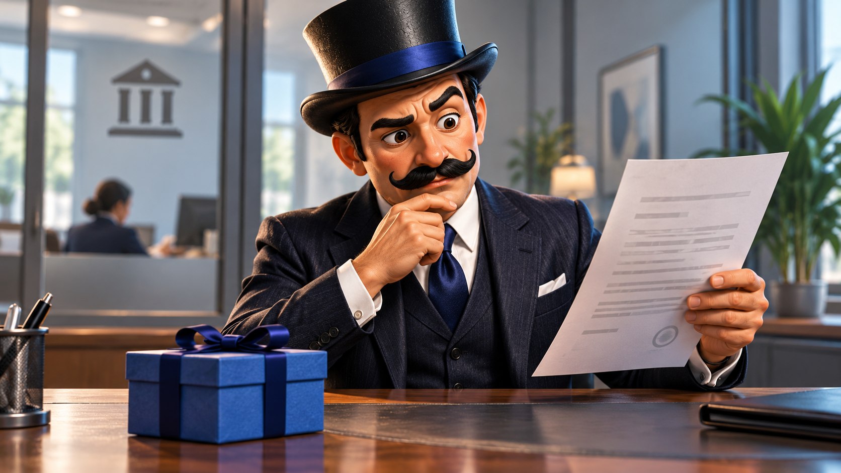 Satoshi observa una caja azul cerrada y un contrato, con expresión de duda prudente.