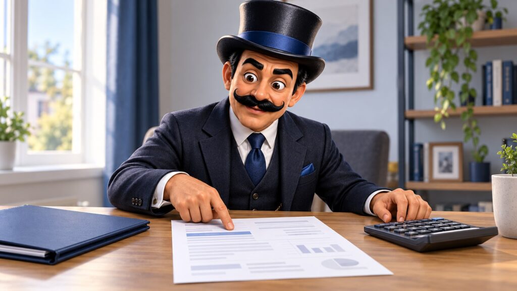 Satoshi revisa un recibo salarial sobre una mesa junto a una calculadora, con expresión curiosa.