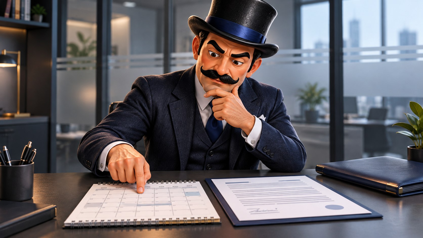 Satoshi compara un calendario con un documento sobre una mesa azul, con gesto crítico.