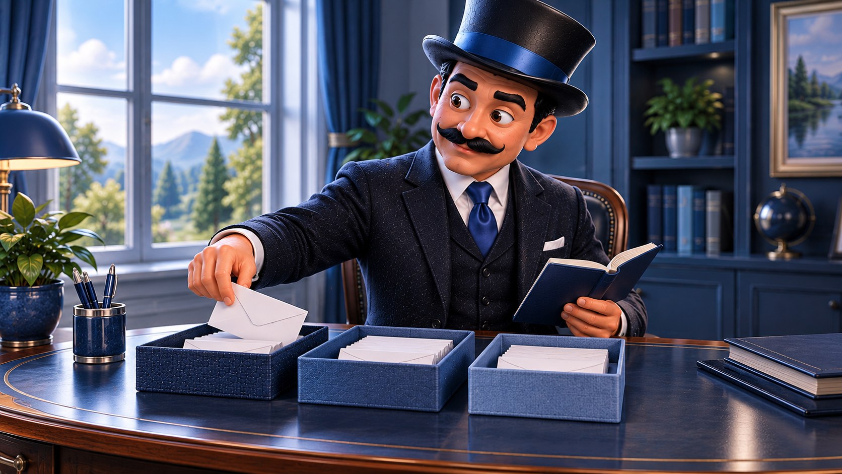 Satoshi distribuye sobres entre tres bandejas de presupuesto mientras consulta una libreta, con gesto sereno y concentrado.