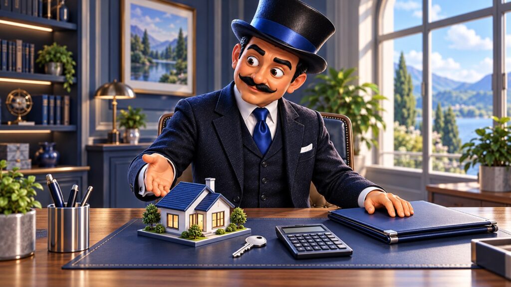 Satoshi organiza una carpeta, una calculadora, una llave y una pequeña casa azul sobre una mesa, con expresión serena.