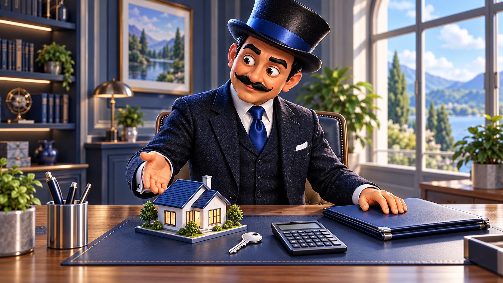 Satoshi organiza una carpeta, una calculadora, una llave y una pequeña casa azul sobre una mesa, con expresión serena.