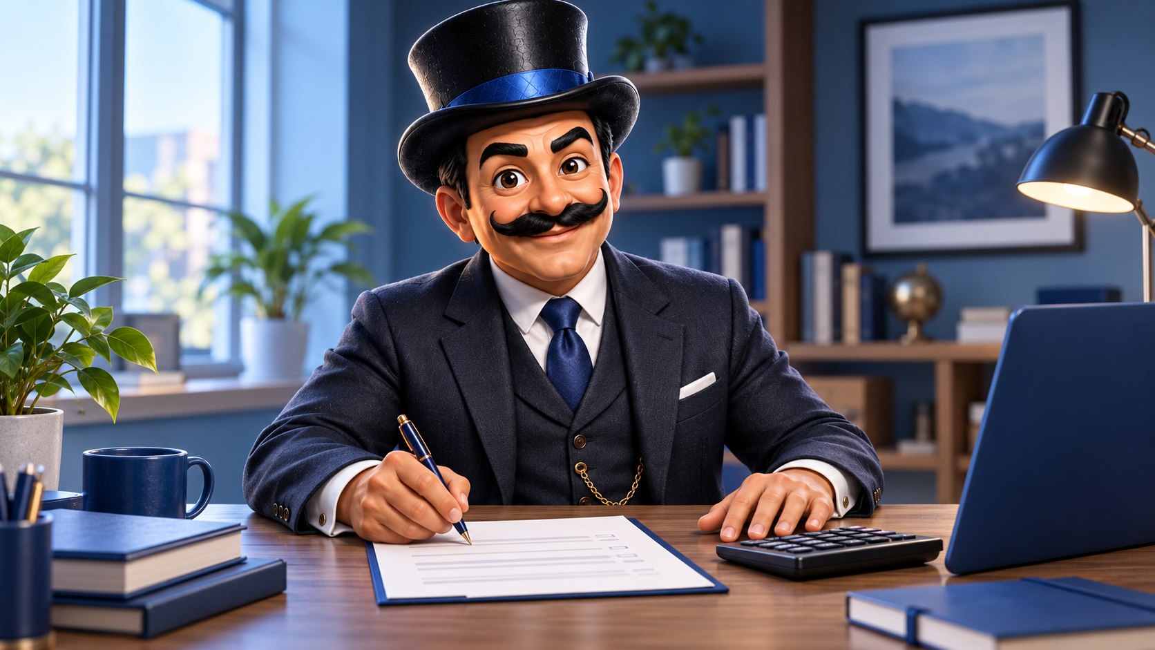 Satoshi revisa una solicitud con un bolígrafo junto a una calculadora, con expresión serena.