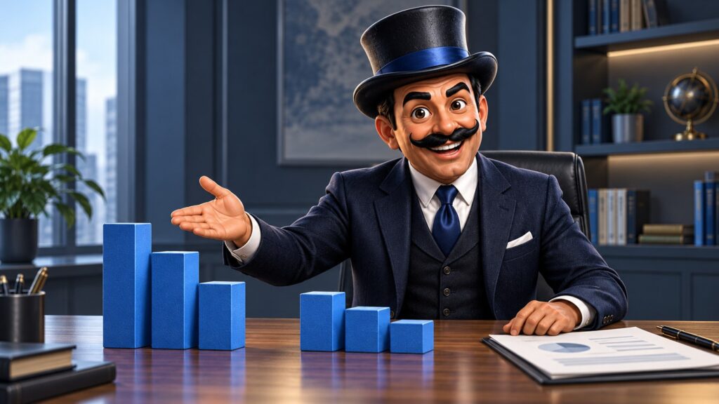 Satoshi presenta dos grupos de bloques azules junto a un informe, con expresión explicativa.