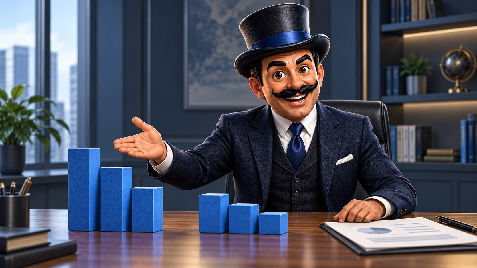 Satoshi presenta dos grupos de bloques azules junto a un informe, con expresión explicativa.