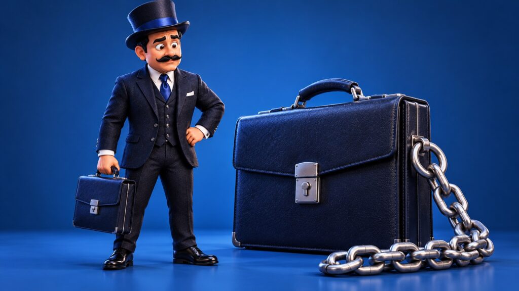 Satoshi observa un maletín grande unido a una cadena junto a otro menor, con expresión cautelosa.
